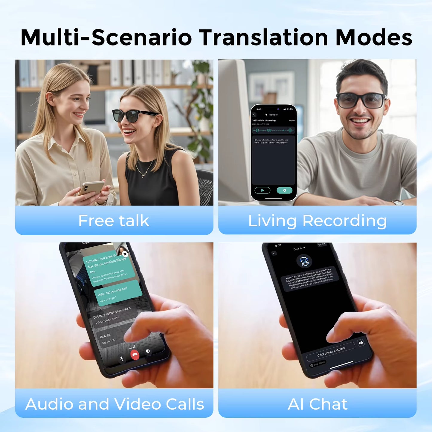 Smart Glasses AI Intelligent Translator Bluetooth Earbuds 164 Languages Real-Time Simultaneous Interpretation HD Audio Headset